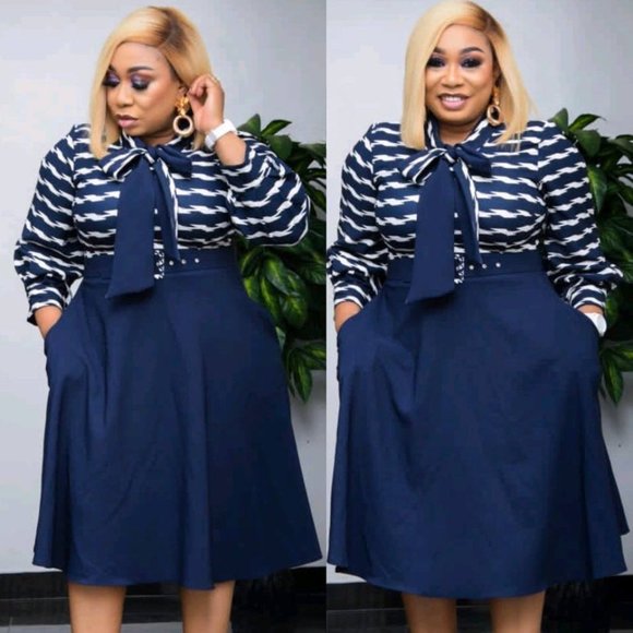 Dresses & Skirts - NWT Navy & White Print Bow Tie 2 Tone A line Dress